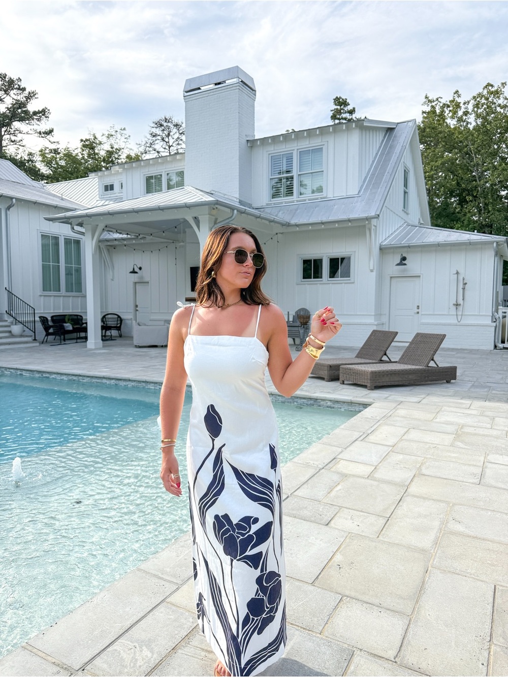 White Maxi Dress with Navy Floral Print — Sleeveless Summer Maxi